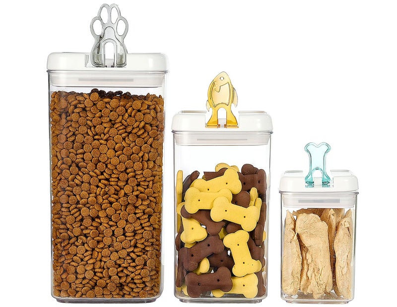 Felli Flip Tite Pet Food Container with Airtight Lids, BPA FREE Acrylic Canister with Paw Bone Fish Flip Top Handles for Cat Dog Kibble Treats Storage, Keep Fresh (Pet Collection Nest-L 3pk) - Image 1