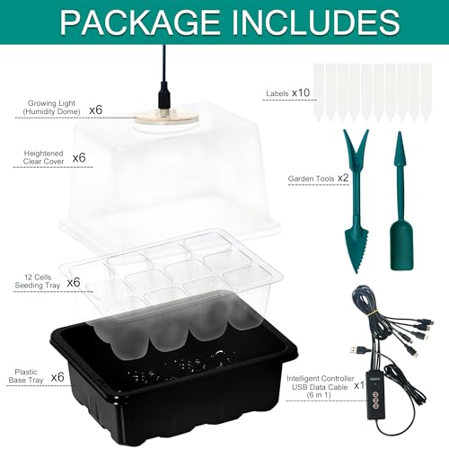 LYDTICK 6-Set Seed Starter Tray with Grow Light, Seed Starting Trays Kits with Timing Controller Adjustable Humidity Domes Heightened Lids(12-Cells Per Tray) - Image 2