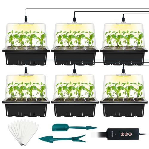 LYDTICK 6-Set Seed Starter Tray with Grow Light, Seed Starting Trays Kits with Timing Controller Adjustable Humidity Domes Heightened Lids(12-Cells Per Tray) - Image 1