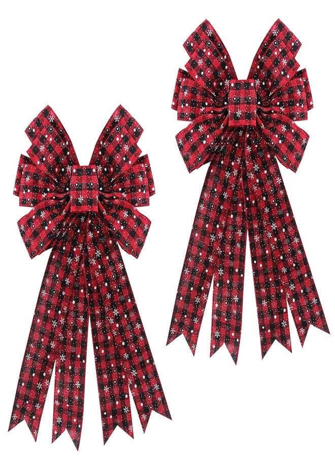 ALIBBON 2 Pcs Large Merry Christmas Bows for Wreaths, Christmas Wreath Bows, Black Red Buffalo Plaid Bows, Snowflake Bows for Front Door, Christmas Decor Tree Topper, Craft Bows for Indoor Outdoor - Image 1