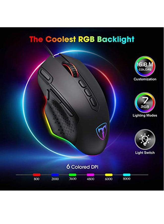 T-DAGGER Gaming Mice RGB Gaming Mouse Wired Mouse Gaming with Weight Tuning Set in the Mouse with 8000 DPI, Fire & Sniper Button, 10 Programmable Buttons