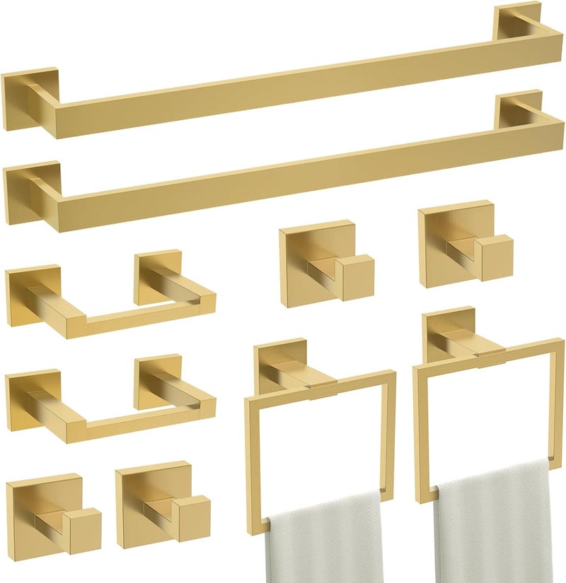 TURS 10-Piece Bathroom Hardware Accessories Set Brushed Gold Towel Bar Holder Set SUS304 Stainless Steel Towel Racks for Bathroom Wall Mounted, 23.6-Inch - Image 1
