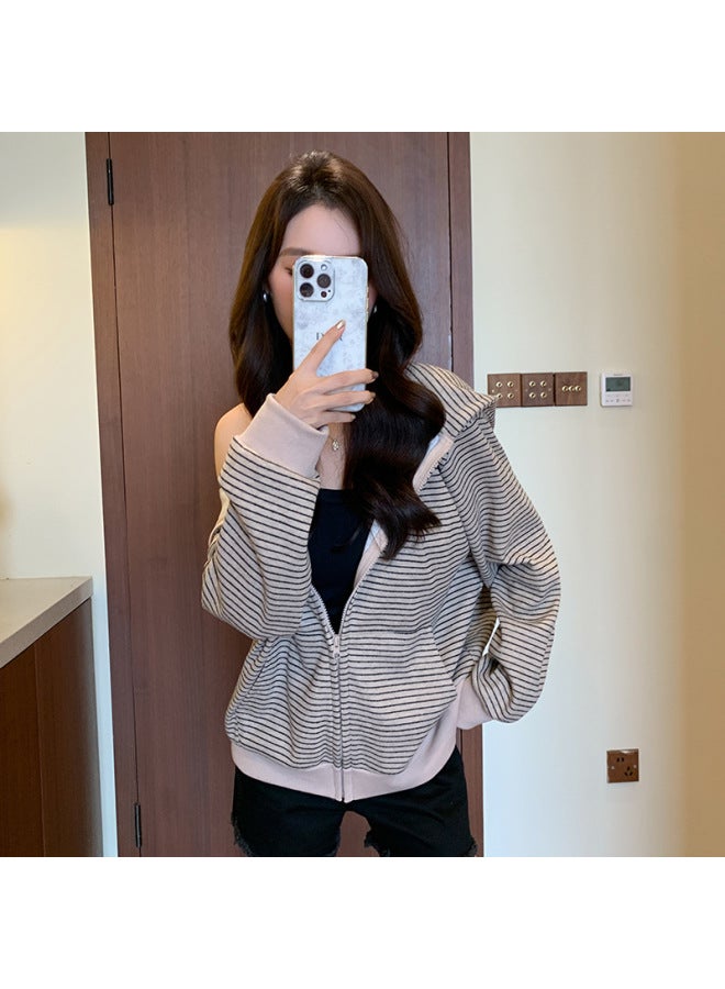 K1365 American Retro Hooded Jacket Autumn And Winter New Stripesd Zipper Loose Lazy Cardigan Long-sleeved Sweatshirt