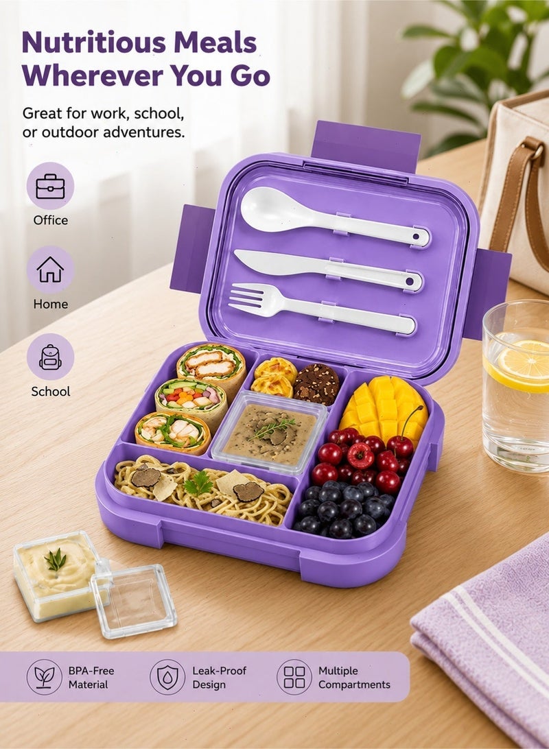 Yoawllty Lunch Box, 1000ML 5‑Compartment Divided Kids Bento Box, BPA‑Free PP Microwave Safe Leakproof Food Container for Boys Girls School Picnic Travel（ Purple） - Image 1