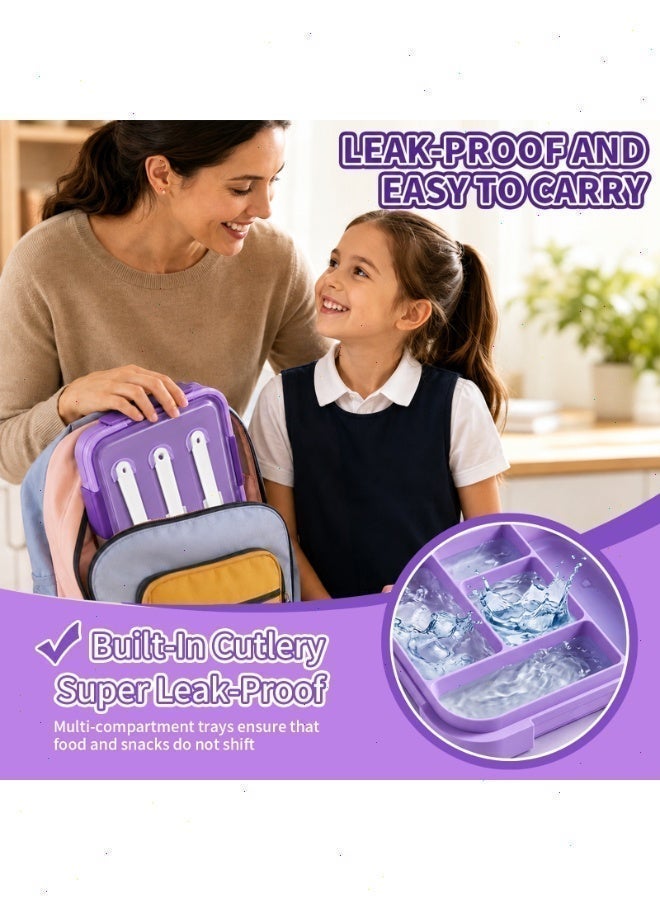 Yoawllty Lunch Box, 1000ML 5‑Compartment Divided Kids Bento Box, BPA‑Free PP Microwave Safe Leakproof Food Container for Boys Girls School Picnic Travel（ Purple） - Image 4