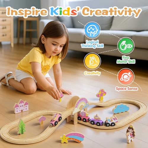 Hot Bee Unicorn Wooden Train Set for Toddler Girls Ages 24 Magical Fairy 38 Pcs Toddler Girl Toys with Railway Track Fantasy Toys for Girls 35 Year Old Kids - Image 5