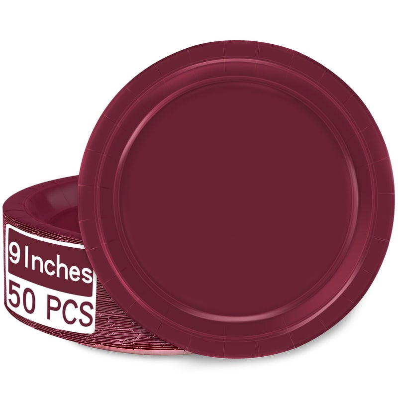 QZYL 50 PCS Paper Plates Burgundy Heavy Duty Party Plates Round 9 Inches Disposable Paper Dinner Plates Everyday Use Paper Plates Set for Daily Meals Wedding Christmas Picnic Supplies