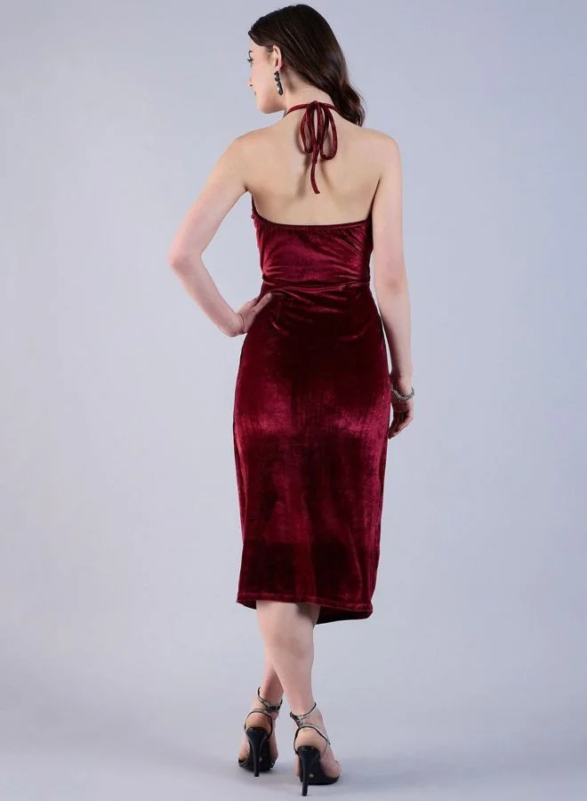 Freehand  Women Fit and Flared Solid Halter Neck Sleeveless Midi Dress for Women | Best Price UAE