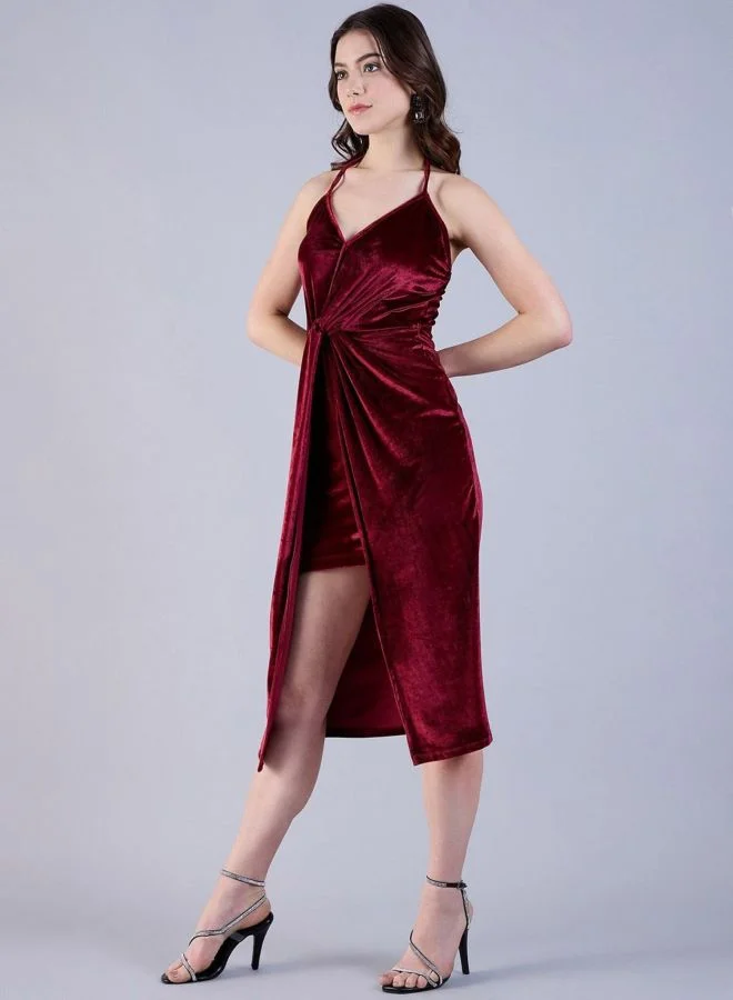 Freehand  Women Fit and Flared Solid Halter Neck Sleeveless Midi Dress for Women | Best Price UAE