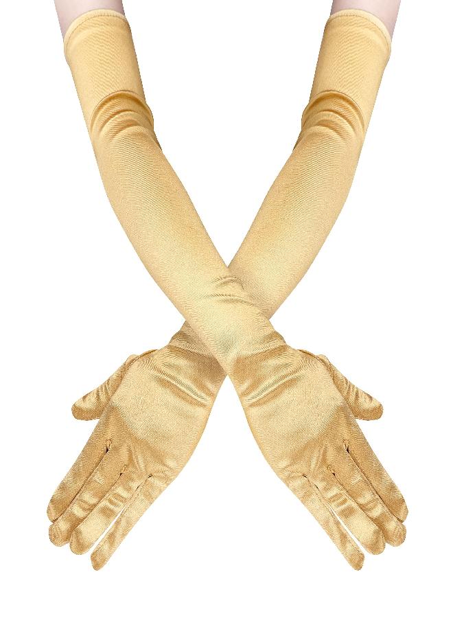 Lansian Women's 21'' Long Flapper Satin Finger Gloves Champagne Elbow Length 1920s Opera Costume Bridal Dance Gloves For Evening Party, Champagne Gold - Image 1