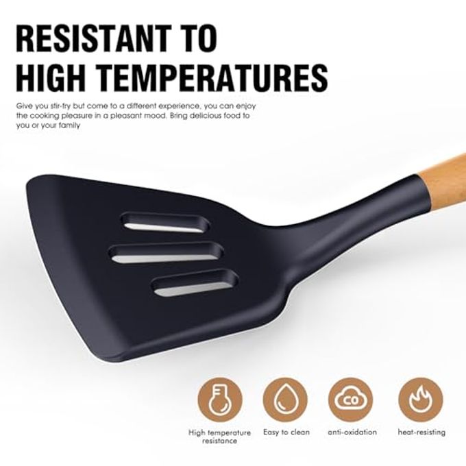 AVGPD Silicone Cooking Utensils Set Silicone Kitchen Utensils for Cooking Wooden Handles, 446F Heat Resistant Kitchen Utensil Spatula Sets w Holder, Gadgets for Non-Stick Cookware BPA FREE (Navy Blue) - Image 3