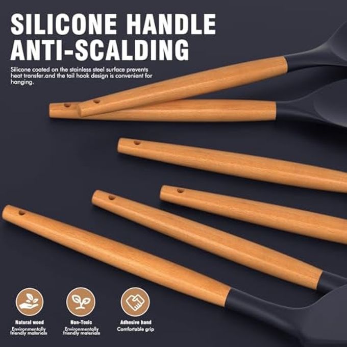 AVGPD Silicone Cooking Utensils Set Silicone Kitchen Utensils for Cooking Wooden Handles, 446F Heat Resistant Kitchen Utensil Spatula Sets w Holder, Gadgets for Non-Stick Cookware BPA FREE (Navy Blue) - Image 2