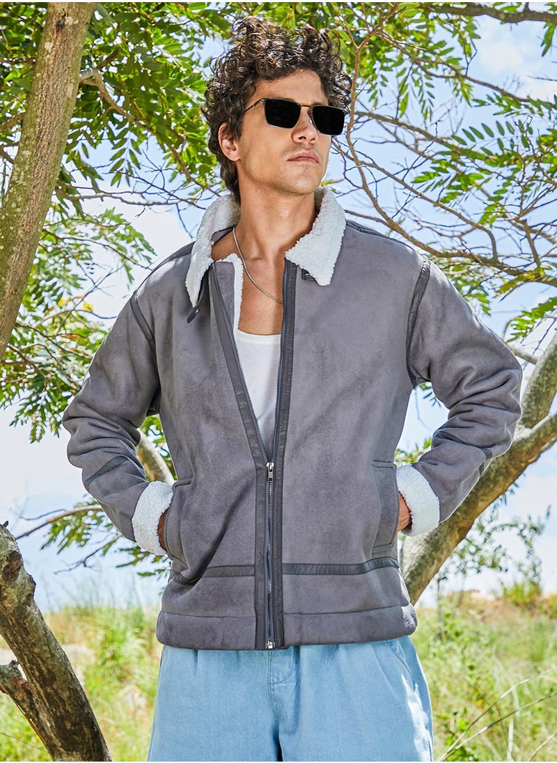 Campus Sutra Men's Moon Grey & Chalk White Fleece Lined Biker Jacket  - Image 1