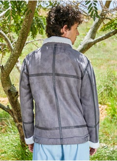 Campus Sutra Men's Moon Grey & Chalk White Fleece Lined Biker Jacket  - Image 5