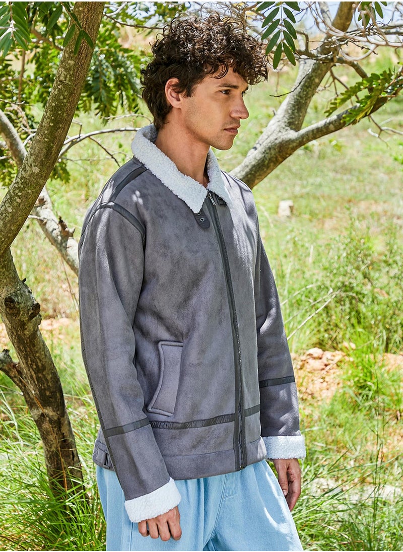 Campus Sutra Men's Moon Grey & Chalk White Fleece Lined Biker Jacket  - Image 3