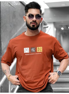 Maniac Mens Printed Round Neck 3/4th Sleeve Rust Cotton T-Shirt  - Image 3