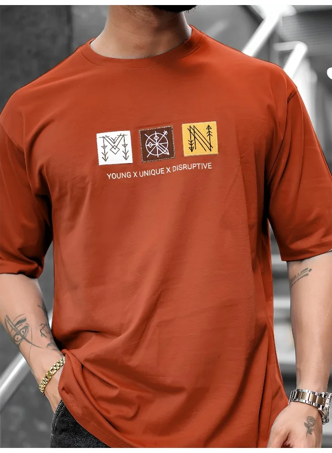 Maniac Mens Printed Round Neck 3/4th Sleeve Rust Cotton T-Shirt