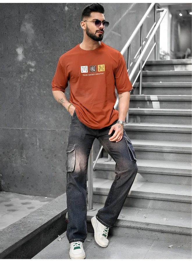 Maniac Mens Printed Round Neck 3/4th Sleeve Rust Cotton T-Shirt