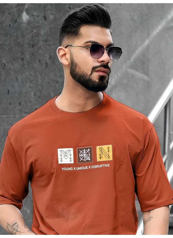 Maniac Mens Printed Round Neck 3/4th Sleeve Rust Cotton T-Shirt  - Image 1