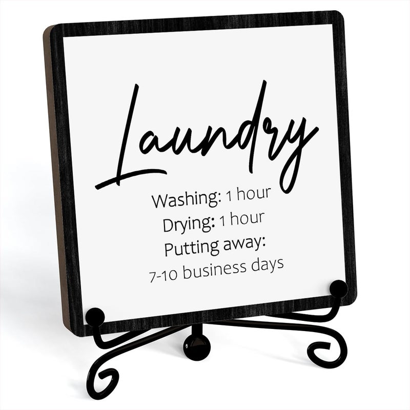 JUSITAKEET Laundry Room Desk Decor, Laundry Sign, Desk Decorations For Laundry Room, Farmhouse Funny Laundry Shelf Decor, Rustic Wooden Plaque With Stand (C07) - Image 1