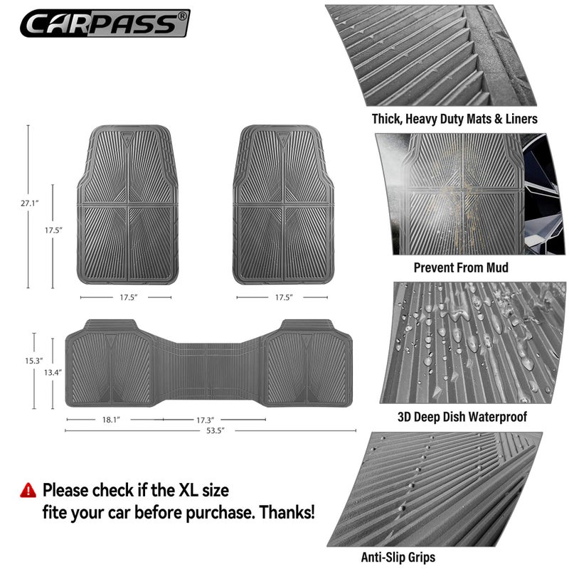 CAR PASS Gray Rubber Car Mats, All Weather Floor Mats Full Set, Waterproof Trim-to Fit Anti-Slip Easy Clean Heavy Duty Automotive Pad for Cars Trucks SUV Sedan Van, 3 Pcs All Grey Rubber - Image 3