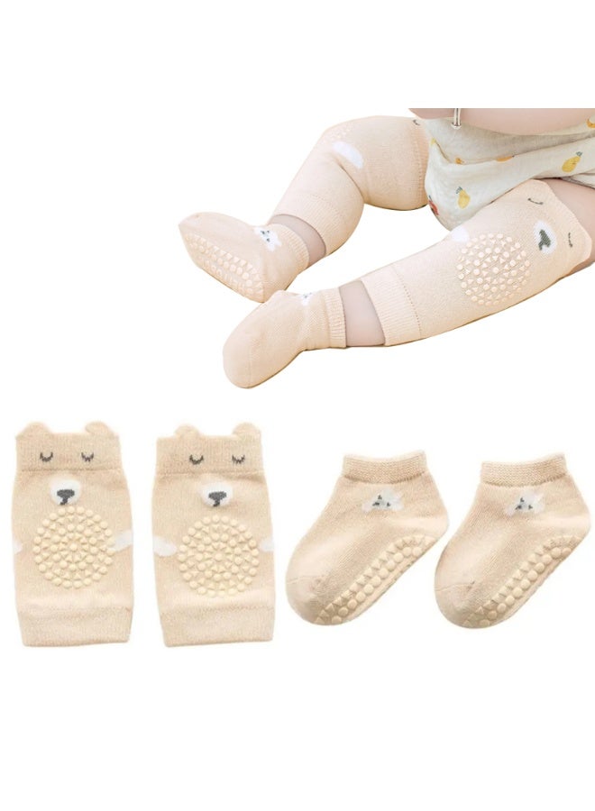 Baby Crawling Knee Pads and Anti-Slip Floor Crawl Socks Set For Toddlers,Apricot color,L - Image 1