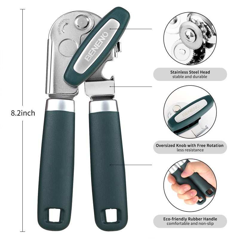 Beneno Can Opener Manual with Magnet and Sharp Blade Smooth Edge, Handheld Openers with Big Effort-Saving Knob, Can Opener with Multifunctional Bottles Opener, Green - Image 2