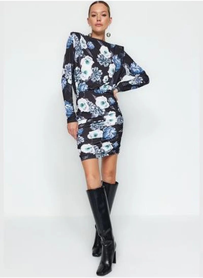 trendyol Blue Printed Mini, Stretchy Knit Dress with Padded Draping Fitted/Sleek TWOAW24EL00821