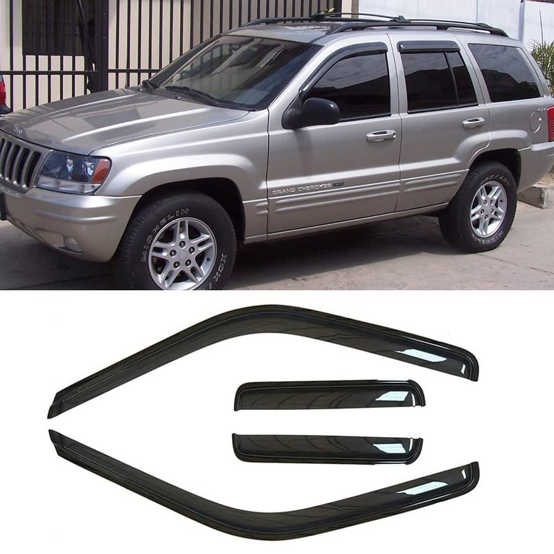 Kucaruce 94650 Side Window Visors Wind Vent Deflector fit for 19992004 Jeep Grand Cherokee 4pcs OutChannel Dark Smoke Nice Looking Tapeon Sun Rain Guards