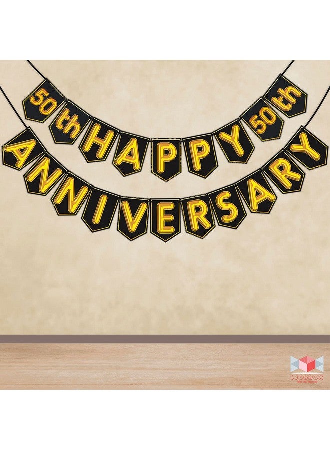 Wobbox Happy Anniversary Bunting Banner Black & Golden Shiny Font 50th Year Happy Anniversary, Anniversary Decoration for Home, Happy Anniversary Decoration Item, Marriage Anniversary Decoration Item - Image 1