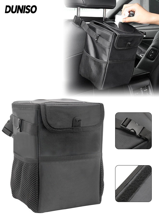 DUNISO Car Trash Can，Portable Foldable Trash Can with Lid and Storage Pockets，Multipurpose Waterproof Car Garbage Bin with Storage Pockets, for Car & SUV & Truck,Black - Image 1