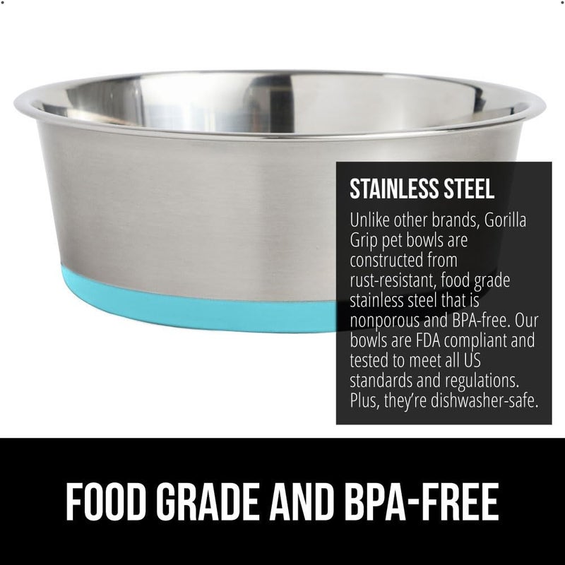 GORILLA GRIP Set of 2 Dog Bowls, Holds 6 Cups (48 fl oz), Heavy Duty Metal Food and Water Bowl for Feeding Dogs and Cats, Dishwasher Safe Rust Resistant Stainless Steel, BPA Free Rubber Base Turquoise - Image 4