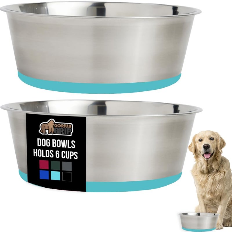 GORILLA GRIP Set of 2 Dog Bowls, Holds 6 Cups (48 fl oz), Heavy Duty Metal Food and Water Bowl for Feeding Dogs and Cats, Dishwasher Safe Rust Resistant Stainless Steel, BPA Free Rubber Base Turquoise - Image 1