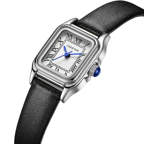 CHEETAH Womens Leather Strap Watch with SilverTone Small Vintage Rectangular Case Roman Dial - Image 3