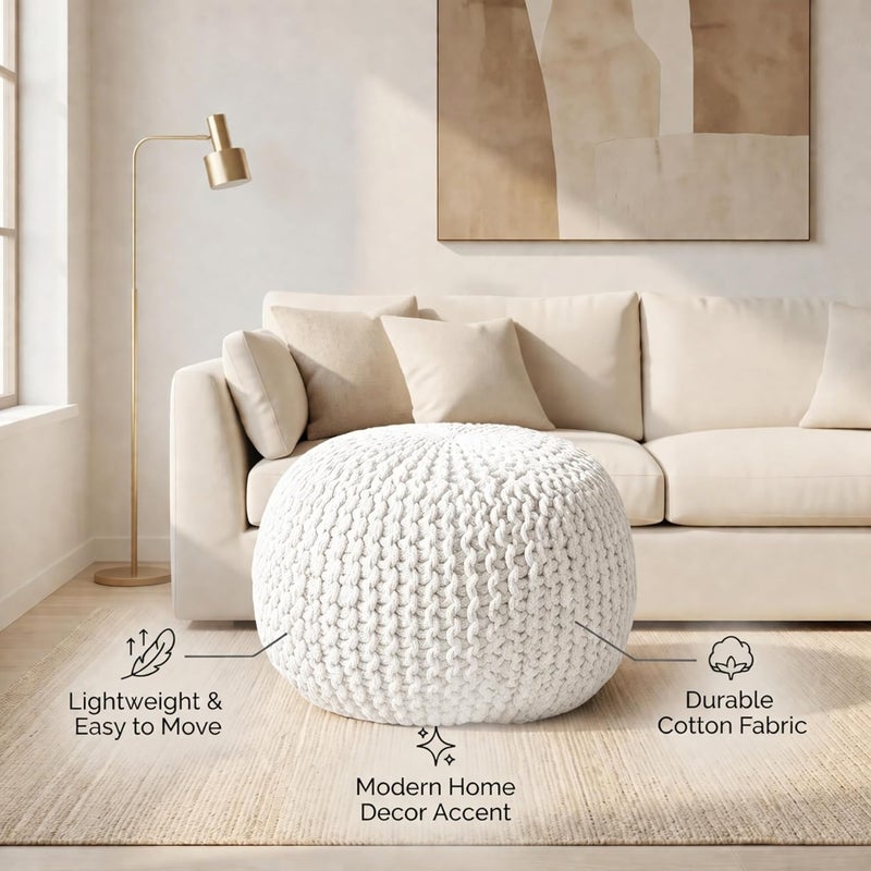 Palisa Round Pouf Ottoman - Ivory, Stuffed Boho Cable Knitted Foot Rest Stool for Couch, Living Room, Outdoor Patio Seat | Hand Woven Chair Pouffs for Kids Bedroom - 20x20x14 Inches - Image 5