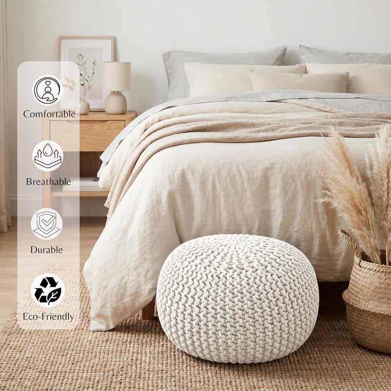 Palisa Round Pouf Ottoman - Ivory, Stuffed Boho Cable Knitted Foot Rest Stool for Couch, Living Room, Outdoor Patio Seat | Hand Woven Chair Pouffs for Kids Bedroom - 20x20x14 Inches - Image 4