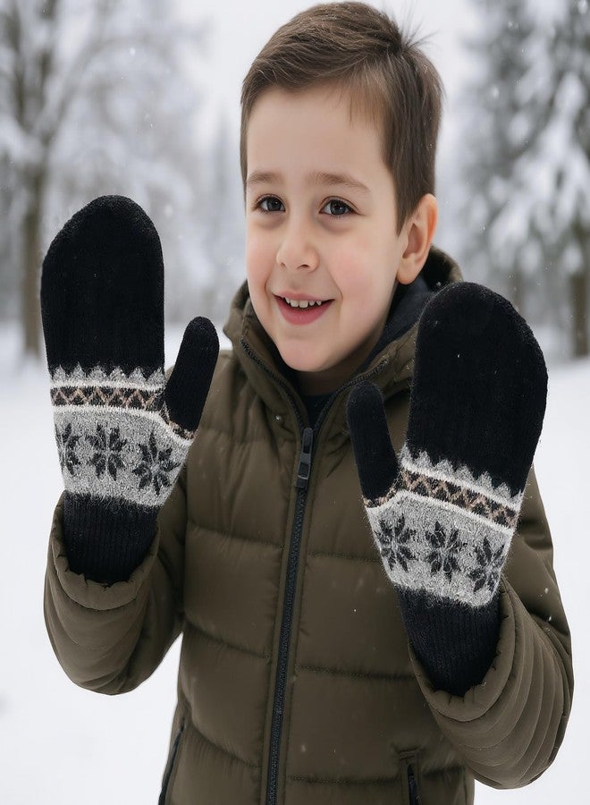 OVOY Kids Winter Soft Warm-Knit-Mittens, Boys-Girls Snowflake-Print Warmly Double-Layer Snow-Mittens Ski-Gloves for 5-10Years - Image 3