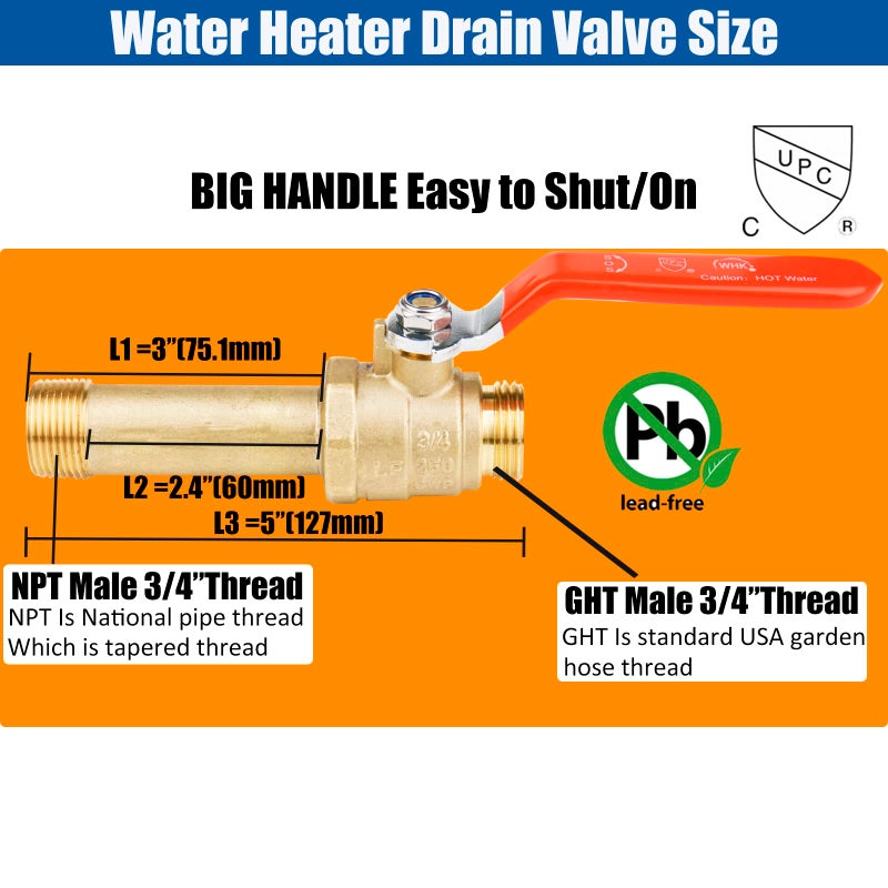 WHK Water Heater Drain Valve 3/4"MIP X 3/4" Male GHT Connection to drain or Flush Hot Water Heater Faster and Easy Big Full Port (Lead-Free Brass,3 Inch Shank with Long Handle,Straight) - Image 3