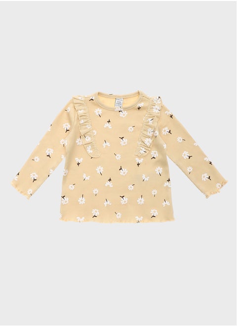 Floral Printed and Ruffle Detailed Crew Neck Baby Girl Blouse