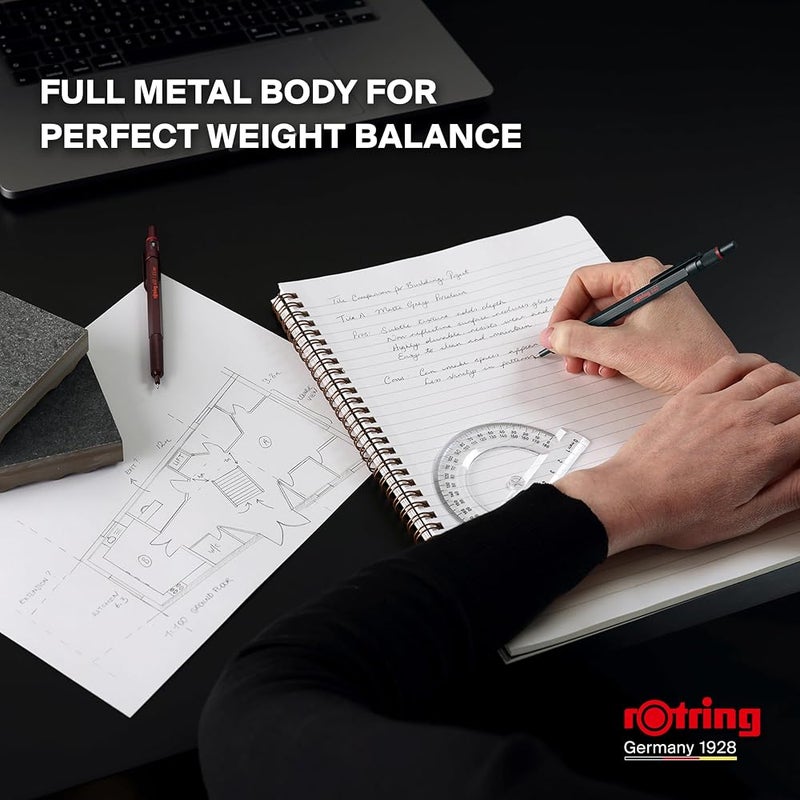 rOtring 600 Ballpoint Pens Medium Tip Black Ink Pen with Full Metal Barrel Stone Grey Non-Slip Knurled Grip Zone and Hex Shank Refillable - Image 3