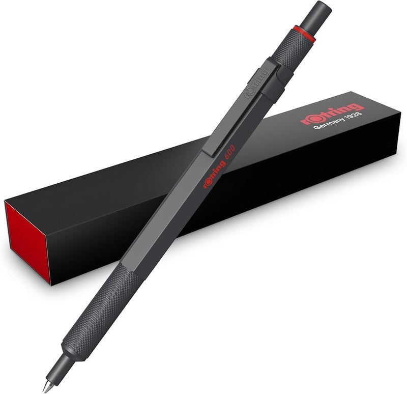 rOtring 600 Ballpoint Pens Medium Tip Black Ink Pen with Full Metal Barrel Stone Grey Non-Slip Knurled Grip Zone and Hex Shank Refillable - Image 1