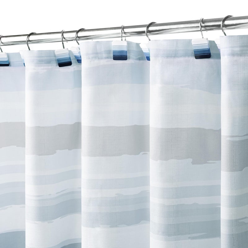 Sunlit Ombre Blue Textured Slubbed Fabric Shower Curtain  Blue and White Stripe Shower Curtains for Bathroom Decoration  Wave Striped Bathroom Curtains  71x71 - Image 2