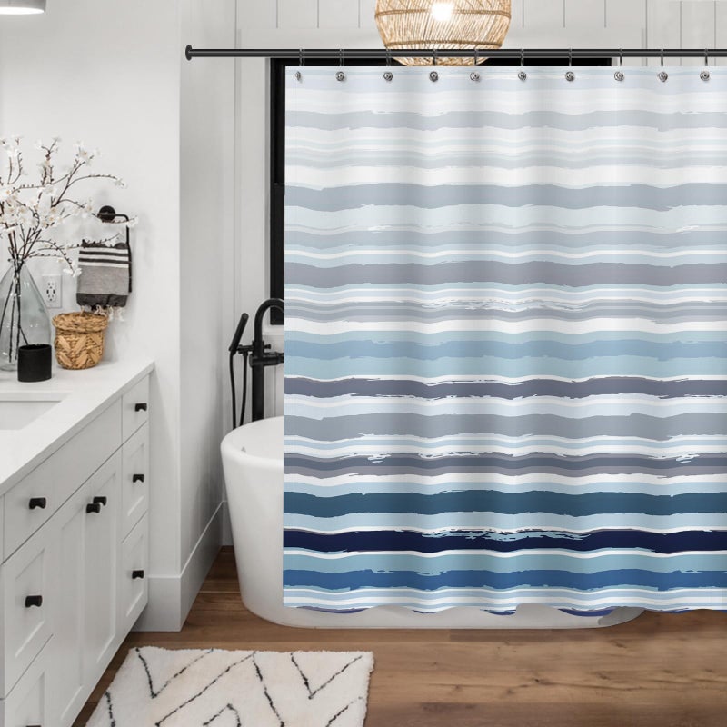 Sunlit Ombre Blue Textured Slubbed Fabric Shower Curtain  Blue and White Stripe Shower Curtains for Bathroom Decoration  Wave Striped Bathroom Curtains  71x71 - Image 3