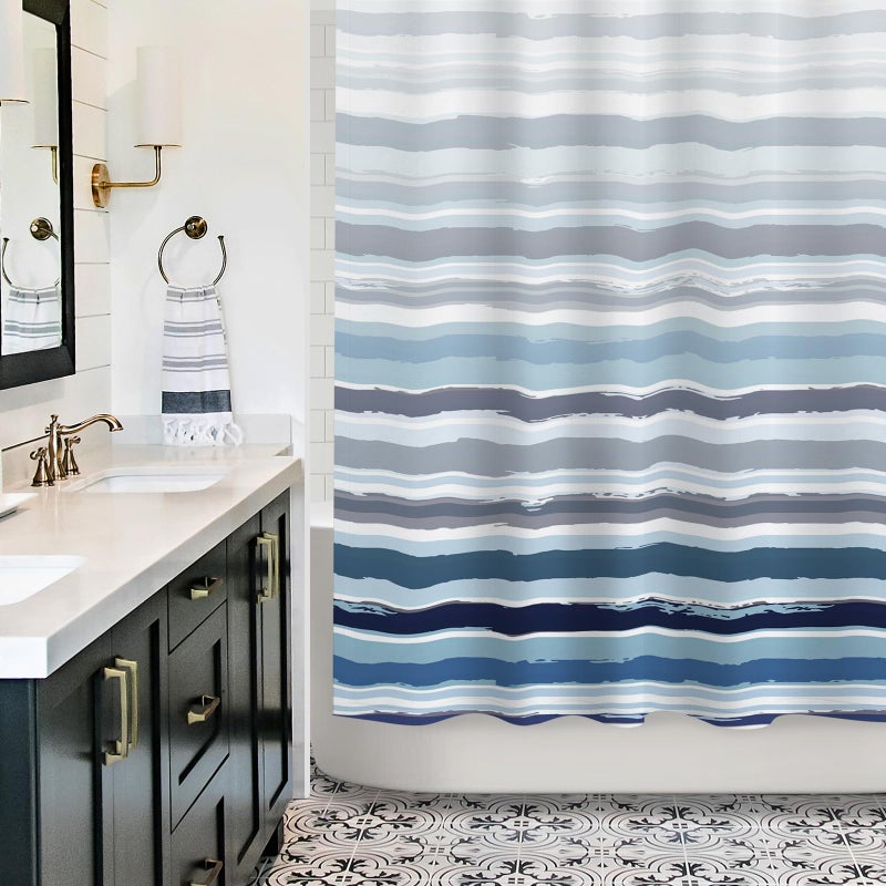 Sunlit Ombre Blue Textured Slubbed Fabric Shower Curtain  Blue and White Stripe Shower Curtains for Bathroom Decoration  Wave Striped Bathroom Curtains  71x71 - Image 4