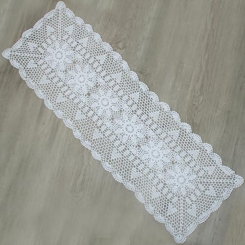kilofly Handmade Crochet Lace Rectangular Table Runner 15 x 51 Inch, White - Image 1