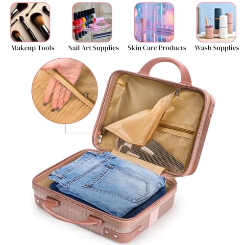 Acshio Hard Shell Cosmetic Travel Case, 12 Inch Mini Travel Hand Luggage with Elastic Band, Portable ABS Carrying Makeup Case Suitcase Train Cosmetic Bag for Travel, Camping, Business Trip - Image 4