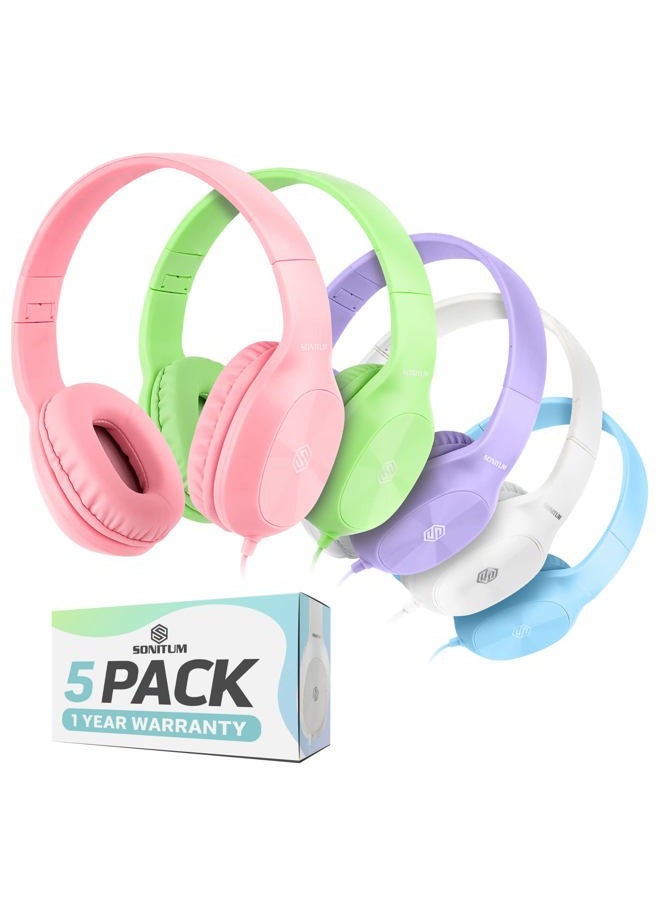 Sonitum Kids Headphones for School Bulk Set 5-Pack On-Ear, 3.5mm, Wired Headphones for Schools & Libraries – Adjustable, Cushioned Headphones (Mixed Colors) - Image 1