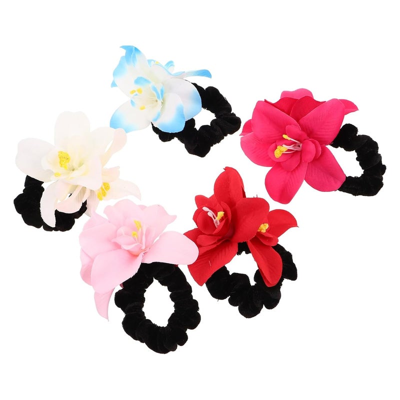 5pcs Stretchy Flower Hair Scrunchies Elastic Ponytail Holders Floral Hair Accessories for Women Bridal Beach Hairstyling - Image 1
