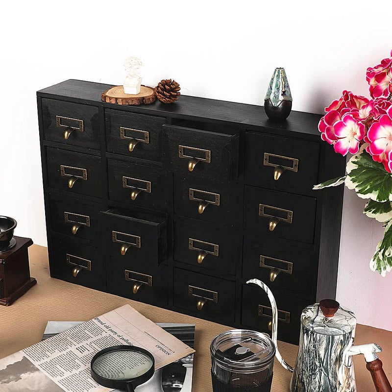 PACKGILO 16 Drawers Apothecary Cabinet with Drawers Tabletop Apothecary Chests and Cabinets Library Card Catalog Cabinet Herb Storage Box Wooden Desk Drawer Organizer Medicine Vintage Furniture(BLACK) - Image 4