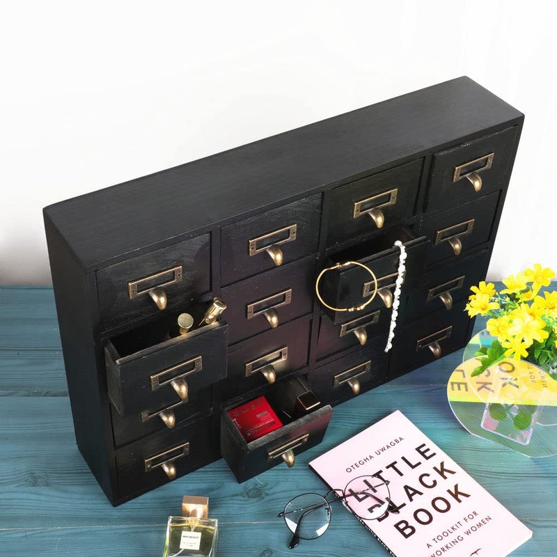 PACKGILO 16 Drawers Apothecary Cabinet with Drawers Tabletop Apothecary Chests and Cabinets Library Card Catalog Cabinet Herb Storage Box Wooden Desk Drawer Organizer Medicine Vintage Furniture(BLACK) - Image 5